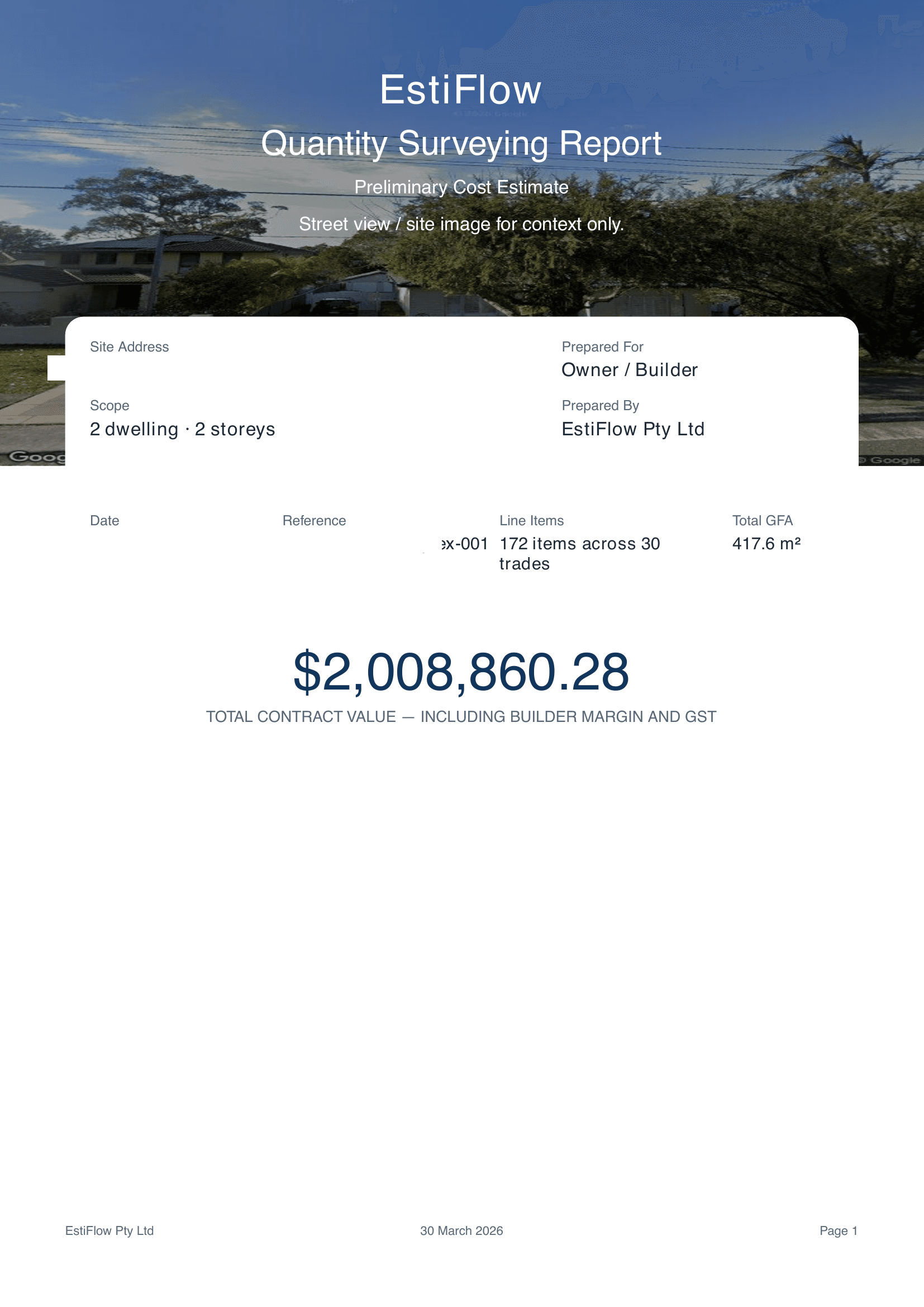 Estimate report cover with street view and contract value